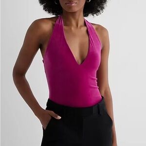 Express Body Contour Velvet Deep V-Neck Halter Bodysuit, Pink